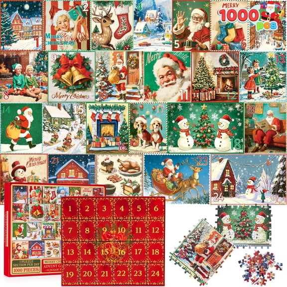 Joyfy 1000 Pcs Christmas Advent Calendar 2026 Puzzle, 24 Days Countdown Santa Puzzle Set with Holiday Decor for Kids Party Favors, Classroom Prizes and Xmas Gifts