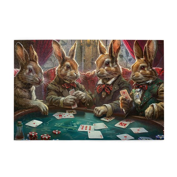 1000 PCS Rabbit Playing Poker Wooden Puzzles For Adults 1000 Pieces,Vintage Style Rabbit & Poker High Difficulty Wood Puzzle 1000 Piece,Stunningly Vibrant Colors,Creative Activity Hobbies For Adults