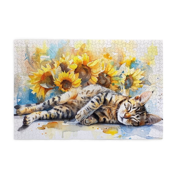 1000 PCS Sleeping Cat & Sunflowers 1000 Piece Wooden Puzzles,Unique Artwork For Adults,Charm Sleeping Cat & Sunflowers Funny Puzzle 1000 Piece,Gift For Cat & Sunflower Lovers,Stress Relieving Puzzle
