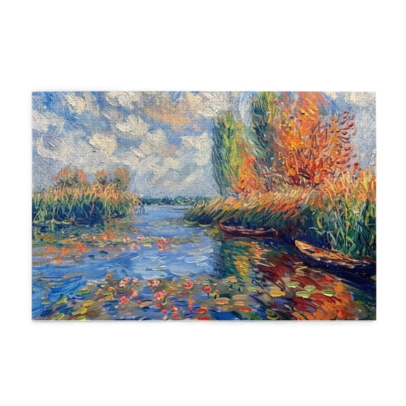 1000 PCS Small Boat In The River Wooden Puzzles For Adults 1000 Pieces,Challenging Brain Exercise,Oil Painting Style Small Boat In The River Wood Puzzle 1000 Piece,For Oil Painting Enthusiast Gifts