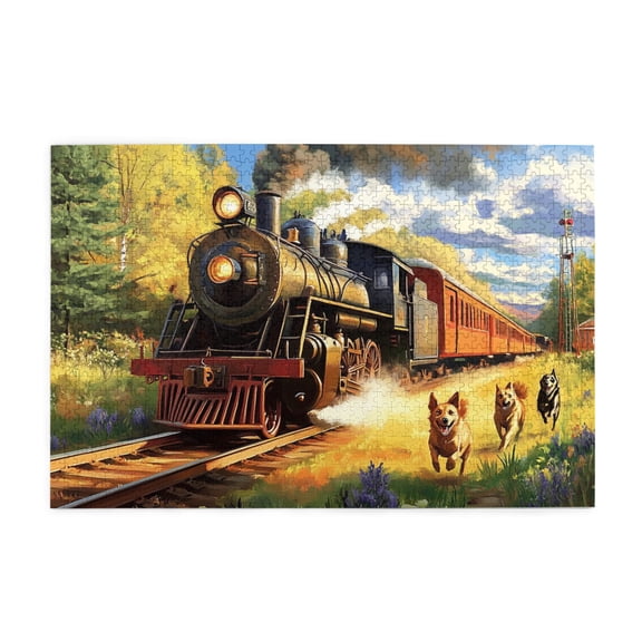 1000 PCS Steam Train & Running Puppy 1000 Piece Wooden Puzzle,Challenging Brain Exercise,Stunningly Vibrant Colors,Modern Style Train & Running Puppy Puzzle,Unique And Beautiful Design,Funny Puzzle