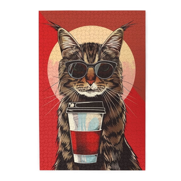 1000 PCS Sunglasses Cat drinking beverages Wooden puzzle 1000 Piece,Creative Activity Hobbies for Adults,Wooden Whimsy Jigsaw Pieces,Modern Art Sunglasses Cat drinking beverages Puzzle 1000 Piece