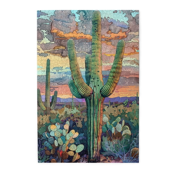 1000 PCS Sunset Desert Cactus Puzzles For Adults 1000 Pieces,Brain Challenge,Fun Cactus Sunset Landscape Wooden Puzzle Game,Unique And Beautiful Design,Gifts For Friends And Family,Stunning Artwork