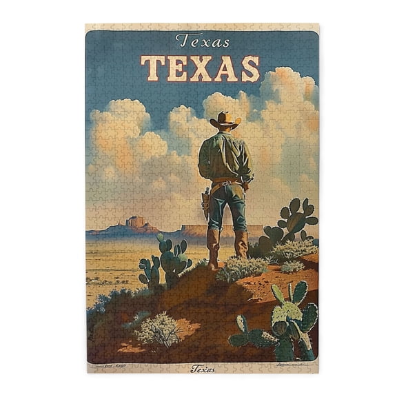 1000 PCS 'Texas' Slogan Cowboy & Cactus Jigsaw Puzzles 1000 Pieces,Enjoy The Puzzle Solving Process,Characterized By Retro And Beautiful Illustrations, Depicting A Desert Cowboy,Classic Wooden Puzzle