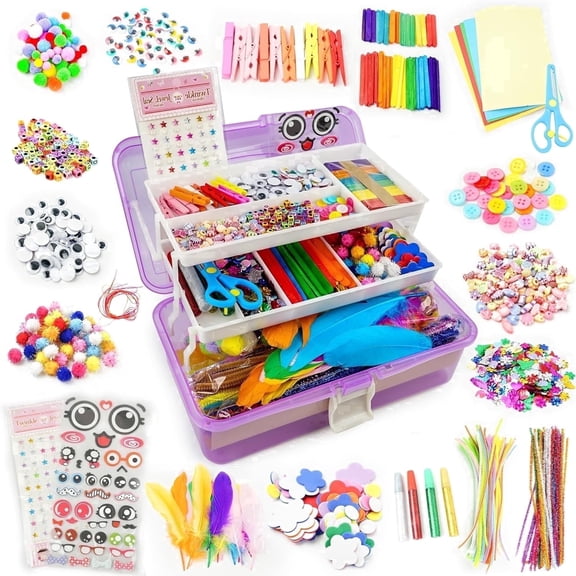 1000 Pcs Arts and Crafts Supplies Kit for Kids, DIY Craft Materials Set with 3-Layer Portable Box, School Art Craft Kit for Ages 4-6, 6-8, 8-12