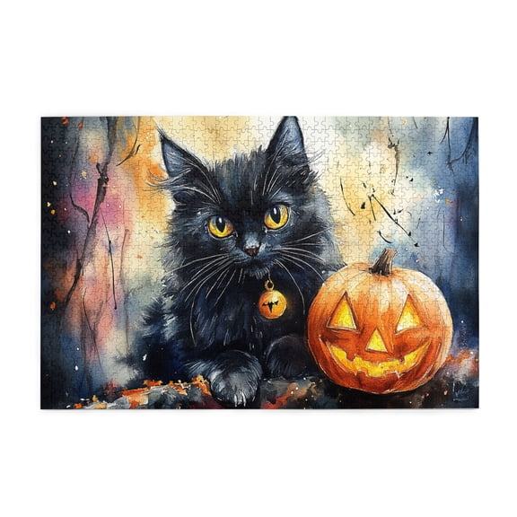 1000 PCS Vintage Black Cat & Pumpkin Lantern 1000 Piece Wooden Puzzle For Adults,Brain Challenge,Unique And Beautiful Design,That Come Together As One Holiday Image,Gifts For Friends And Family