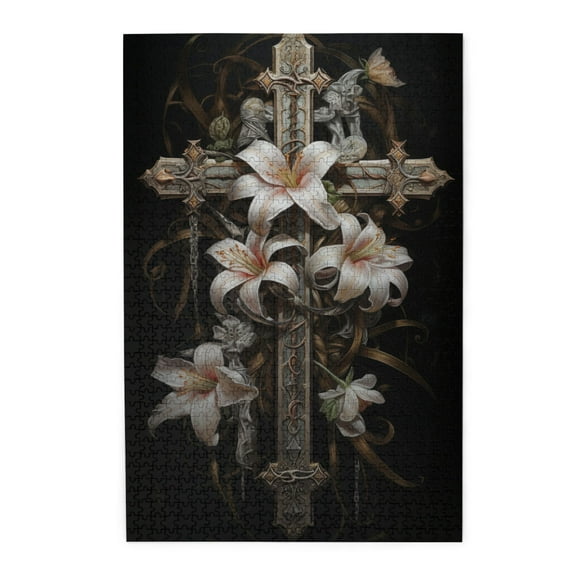 1000 PCS Vintage Floral Cross 1000 Piece Art Jigsaw Puzzle,Every Piece Is Unique,Exquisite Religious Puzzles As Home Decor,Creative Activity Hobbies For Adults,Gift Suitable Family Friends