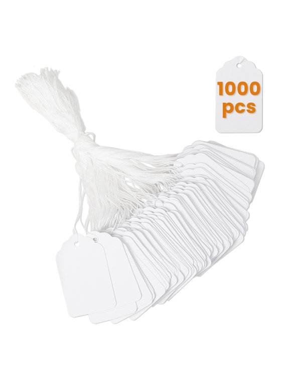 1000 PCS White Price Tags with String Attached, 1.75 x 1.1 Inches, Goefun Writable Label Strung Marking Tags for Pricing, Hanging, Clothing, Jewelry, Garage/Yard Sale, 250 GSM