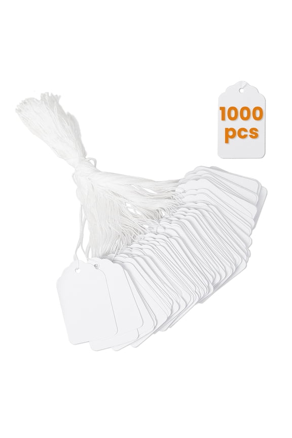 1000 PCS White Price Tags with String Attached, 1.75 x 1.1 Inches, Goefun Writable Label Strung Marking Tags for Pricing, Hanging, Clothing, Jewelry, Garage/Yard Sale, 250 GSM