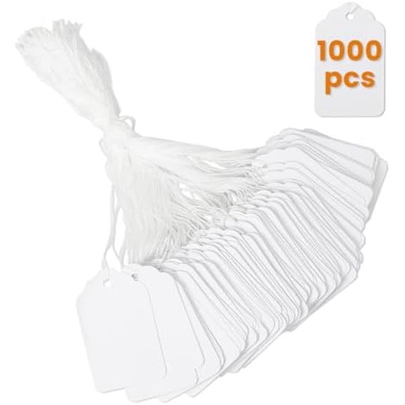 1000 PCS White Price Tags with String Attached, 1.75 x 1.1 Inches,  Writable Label Strung Marking Tags for Pricing, Hanging, Clothing, Jewelry, Garage/Yard Sale, 250 GSM