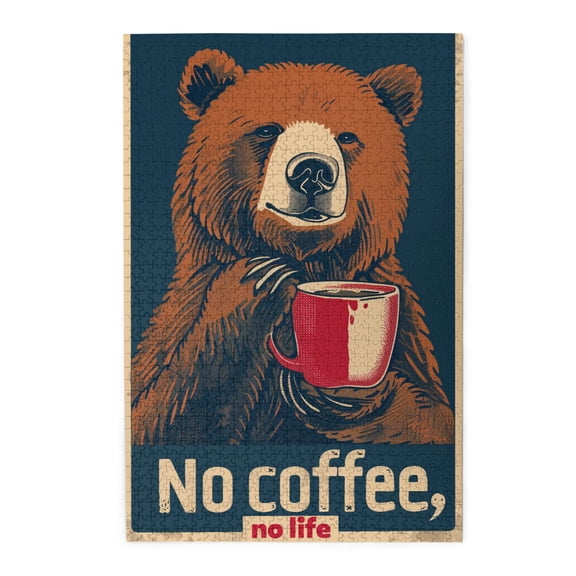 1000 PCS 1000 piece puzzle for adults NO Coffee No Life Slogan Bear & Coffee,Wooden Whimsy Jigsaw Pieces,Unique and Beautiful Design,Funny Animal Art Bear & Coffee Puzzle,Gift Suitable Family Friends