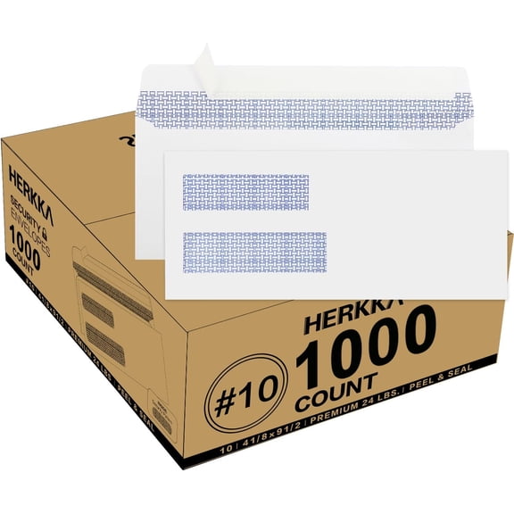 1000 Pack #10 Double Window Security Self-Seal Envelopes - Suitable Size for Multiple Business Statements, Quickbooks Invoices, and Return Envelopes, Size 4-1/8 x 9-1/2 - White - 24 LB