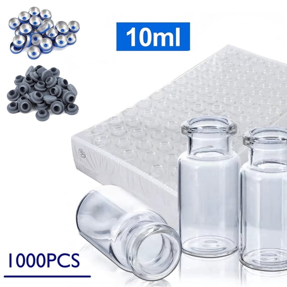 FOUR E's Scientific 1000Pack 10ml Headspace Vials, Clear Borosilicate Glass Vials with Plastic-Aluminum Flip off Caps and Rubber Stoppers