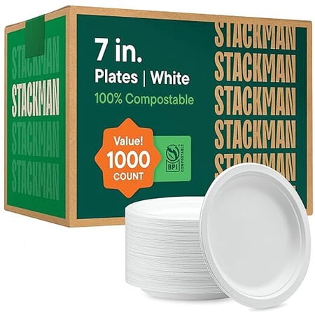 1000 Pack 7-Inch Compostable Paper Plates – Heavy Duty Sugarcane Bagasse Dessert Plates, Eco-Friendly Biodegradable Disposable Plates, Natural White, Bulk Pack
