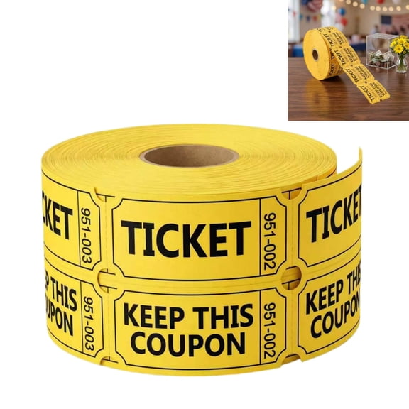 1000 Double Raffle Tickets - Yellow Event Fundraiser Tickets Roll for Carnival Drawings and Party Games