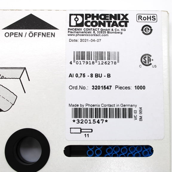 1000 Pack of Phoenix Contact 3201547 8mm x 14mm Blue Ferrule AI 0 75- 8 BU-B