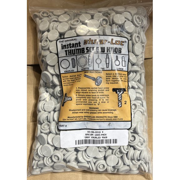 (1000 Pc) SHEAR-LOC 83-98-931g K, Grey Knurled Thumb Screw Knobs For M6 SHCS