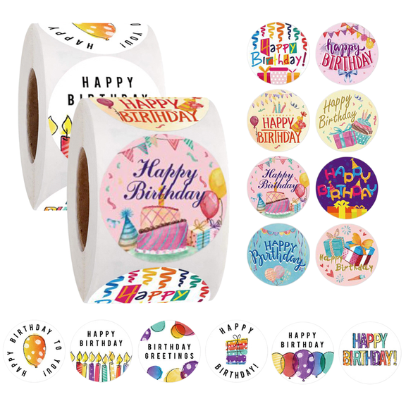 1000 Pcs 1" Round Happy Birthday Stickers – 2 Rolls 500 Pcs Per Roll Waterproof Self-Adhesive Labels | Assorted Designs for Adult Birthday Party, Gift Wrapping & DIY Crafts