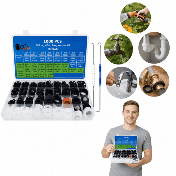 1000 Pcs 18 Size O Ring Kit, Rubber Washer Assortment Kit, Waterproof Gasket Replacement for Plumbing Faucet, Garden Hose, Shower Head, Water Pipe, Air and Gas Connections