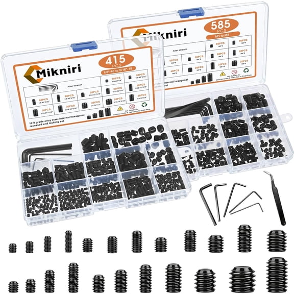 1000 Pcs 24 Size Set Screw Assortment Kit -Metric Screw Assortment and SAE Allen Set Screws for Bathroom Fixtures, M3-M8, 1/8"-40 to 5/16"-18 Internal Hex Drive Headless Set Screws