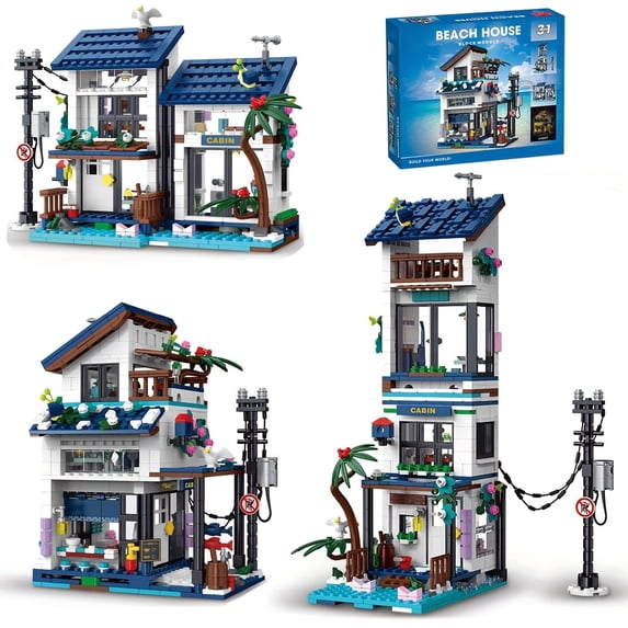 1000+ Pcs 3 in 1 Beach Villa Building Blocks,Seaside Cabin Street View Model Kit,DIY Architectural Construction Bricks,Creative Seaside House Assembly Toy,Ideal Holiday And Birthday Gift