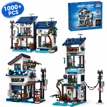 1000+ Pcs 3 in 1 Beach Villa Building Blocks,Seaside Cabin Street View Model Kit,DIY Architectural Construction Bricks,Creative Seaside House Assembly Toy,Ideal Holiday And Birthday Gift