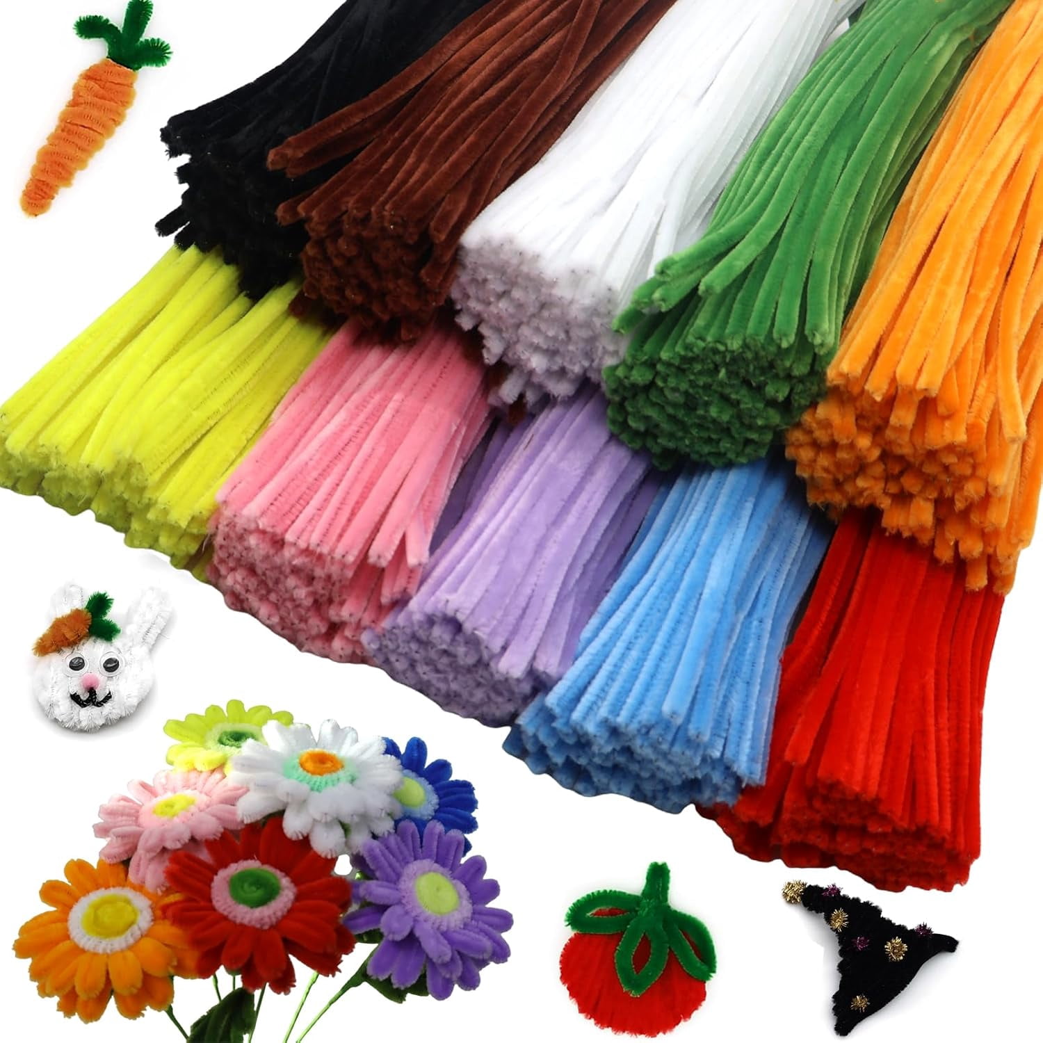 1000 Pcs Craft Pipe Cleaners Set in 10 Assorted Colors,Fluffy Pipe Cleaners Chenille Stems for Holiday DIY Decorations,Art & Craft Projects (6mm x12 inch)