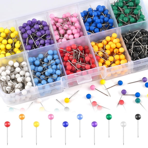 1000 Pcs Map Pins, Travel Map Push Pins, Small Map Tacks with Plastic Beads Head for Cork Board, World Map Pin Board, Bulletin Board, Fabric Marking, Craft, Office, Multicolor