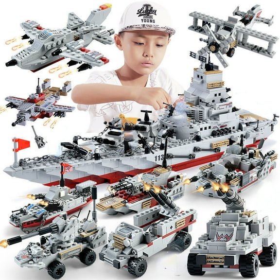 1000+Pcs Navy War Chariot Ship Army Boat Plane Model Warships Building Blocks City Children Toys for Boy
