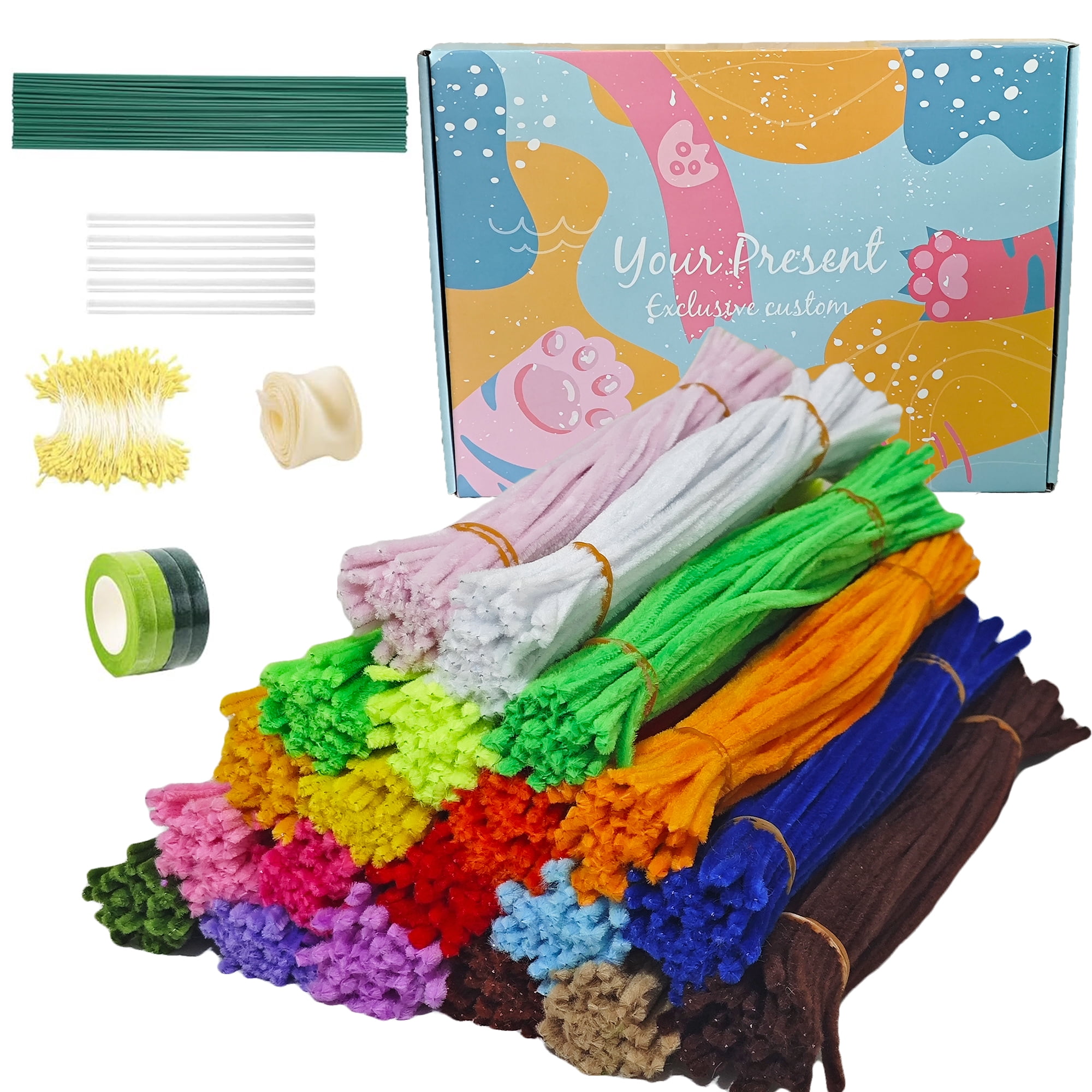 1000 Pcs Pipe Cleaners Assorted 20 Colors 12 inch Chenille Stems Flower Making Kit with Floral Wires,Tape,Ribbon,DIY and Crafts Projects and Decorations Limpia Pipas para Manualidades