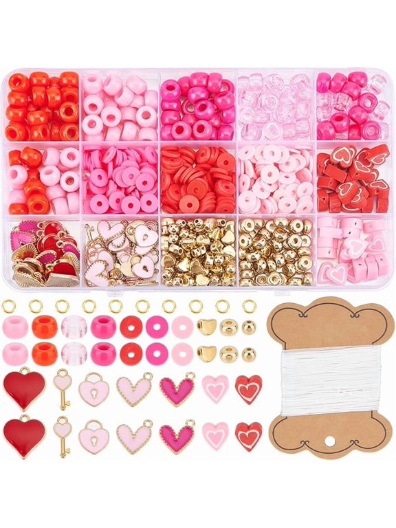 1000+Pcs Red Heart Beads Valentine's Day Polymer Clay Beads Bulk Flat Round Heishi Beads Pink Double Sided Clay Beads Enamel Hearts Love Charms Lock Keys Charm