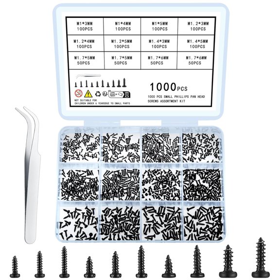 1000 Pcs Small Pan Head Screws Assortment Kit, Micro Tiny Electronic Self-Tapping Machine Screws for Glasses Watches Phone Electronic Repair