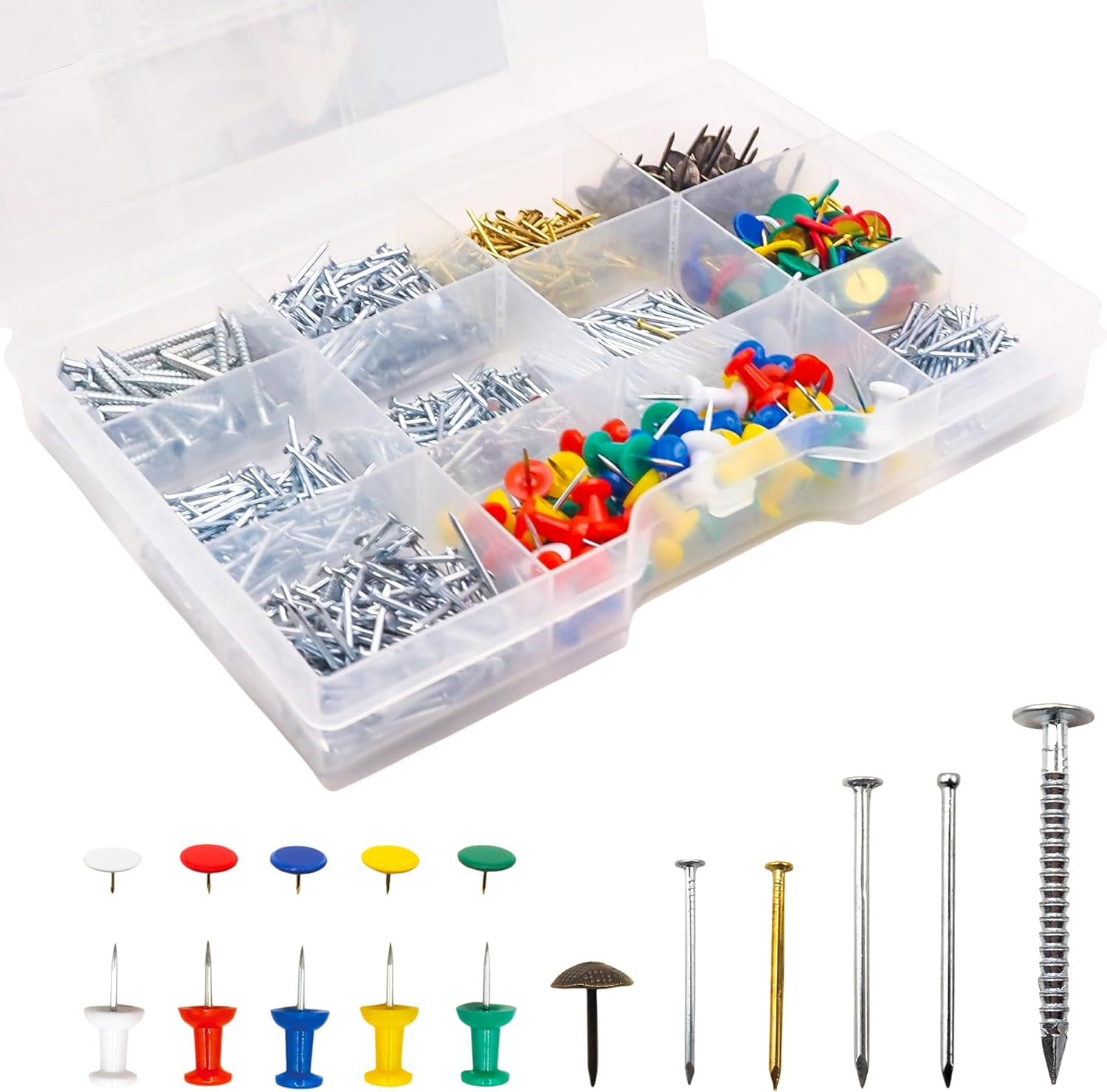 NACETURE 1000 Pcs Wall Nail Assortment Kit with Push Pins, Classic and ...