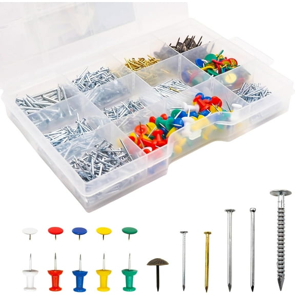 1000 Pcs Wall Nail Assortment Kit - Includes Push Pins for Bulletin Board, Classic Nails, Retro-Style Nails, and Thumb Tacks - Perfect for Wall Hanging, Art Display, and Home DIY Projects