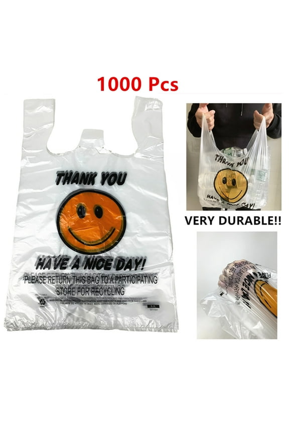 1000 Pcs of Heavy Duty Smiley T-Shirt Bag Thank You Plastic Bag White Carry Out Bags for Shopping and Storage 11.5"x 6"x 17.5"