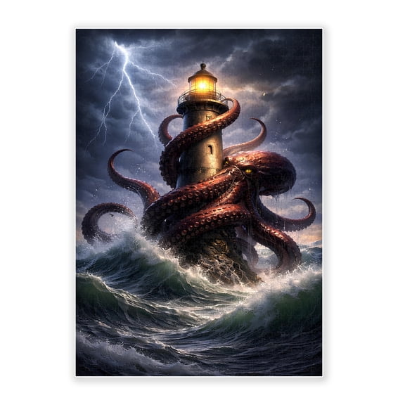 1000-Piece Adult Wood Jigsaw Puzzle, Kraken Sea Monster Attacking Lighthouse Art, Fantasy Ocean Scene, High-Difficulty, Stress-Relieving, Home Wall Decor, Eco-Friendly, 29.5x19.7in