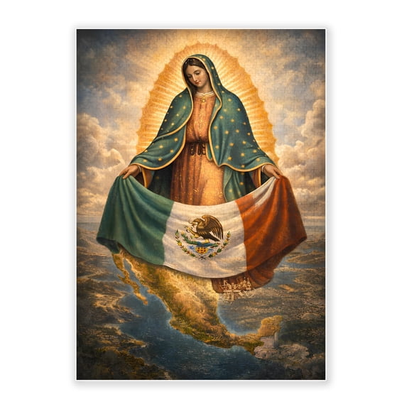 1000-Piece Adult Wood Jigsaw Puzzle, Our Lady of Guadalupe with Mexican Flag & Map Art, High-Difficulty, Stress-Relieving, Family Activity, Wall Decor, Eco-Friendly, 29.5x19.7in
