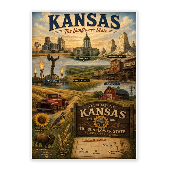 1000-Piece Adult Wood Jigsaw Puzzle, Vintage Kansas Sunflower State Landmark Retro Travel Poster Art, High-Difficulty, Stress-Relieving Family Activity, Home Decor, Eco-Friendly, 29.5x19.7in