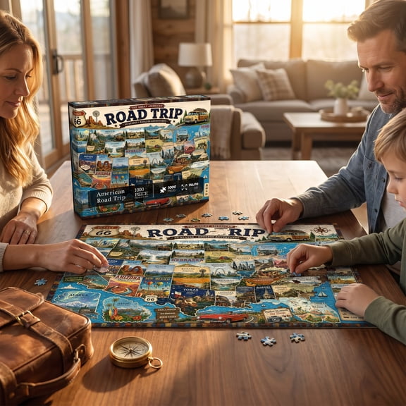 1000 Piece American Road Trip Jigsaw Puzzle, Wooden USA Travel Map Puzzle - 50 States Landmarks,Vintage Route 66 & National Parks Scenic, Family Leisure Educational USA Map Puzzle for Adults & Teens