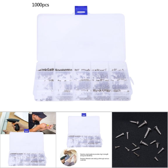 1000 Piece Assorted Stainless Steel Self Tapping Screw Kit with Round Head and Countersunk M1 M1.2 M1.4 M1.7 Sizes