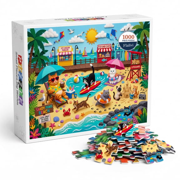1000 Piece Cat Beach Jigsaw Puzzle for Adults, Colorful Cartoon Animal Puzzle, Interlocking Challenging Puzzle Game, Vibrant Coastal Scene Art Puzzle