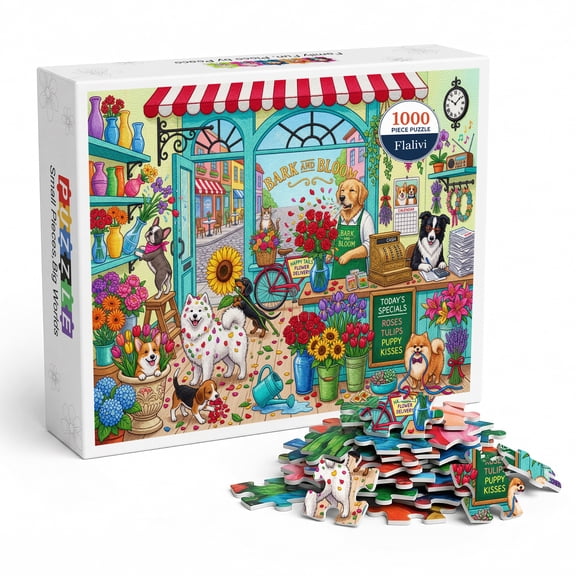 1000 Piece Dog Flower Shop Jigsaw Puzzle for Adults, Colorful Animal Art Puzzle, Interlocking Challenging Puzzle Game, Vibrant Flower Market Scene
