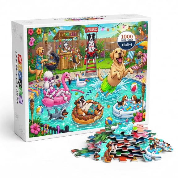1000 Piece Dog Pool Party Jigsaw Puzzle for Adults, Colorful Animal Cartoon Puzzle, Interlocking Challenging Puzzle Game, Summer Pool Scene Art Puzzle