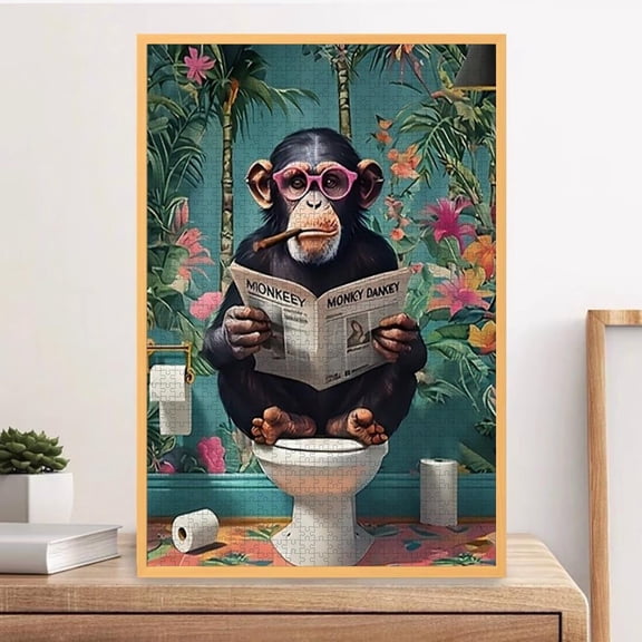 1000 Piece Fun Adult Puzzle - "Relaxing Monkey Reading Newspaper in the Toilet - Fun Bathroom Decor" - Tropical Humor Art, Challenging Puzzle, Family Game Night, Christmas, Holiday Gift