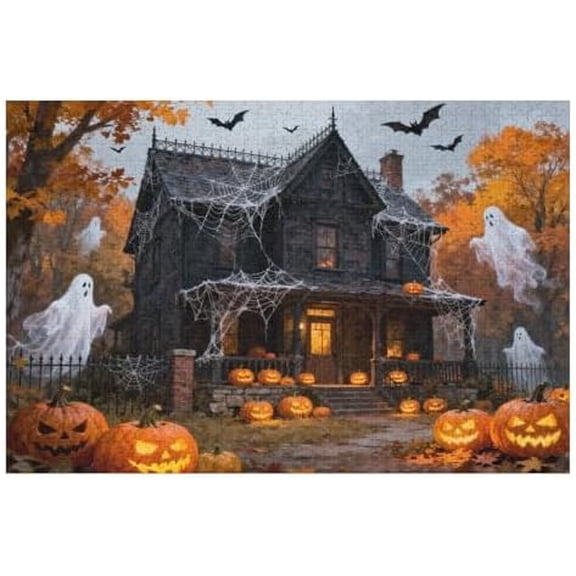 1000 Piece Halloween Haunted House Jigsaw Puzzle for Adults Spooky Ghosts & Pumpkins, Gothic Mansion, Fun Puzzle Game with Poster, 30x20 in