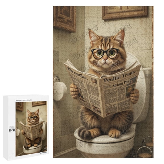 1000 Piece Jigsaw Puzzle 20" x 30" Finished Size Cat Reading Newspaper On The Toilet Jigsaw Puzzles for Adults Educational Games Colorful Puzzles for Home Decoration