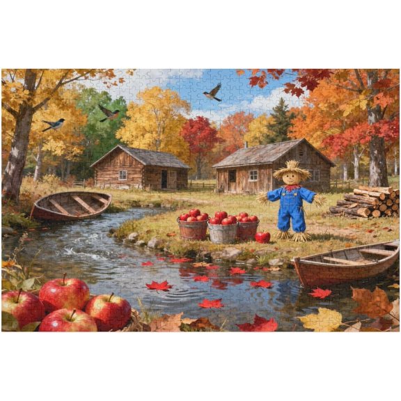 1000 Piece Jigsaw Puzzle for Adults Autumn Cabin by The Lake, Beautiful Fall Forest Trees Leaves and Scarecrow Landscape Rustic Art Puzzle, Relaxing Nature Gift, Completed Size 30x20 in
