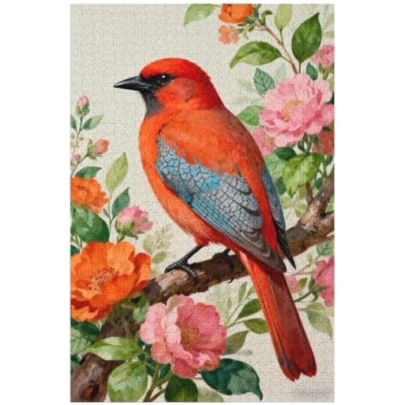 1000 Piece Jigsaw Puzzle for Adults, Bird with Floral Leaves Background, Vibrant Nature Artwork Puzzle, Relaxing and Challenging Family Game for Teens & Adults, Home Wall Dcor Gift, 30x20 in