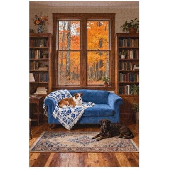 1000 Piece Jigsaw Puzzle for Adults - Cozy Living Room with Two Dogs, Autumn Forest View Through Window, Blue Sofa & Bookcase Scene, Relaxing DIY Puzzle, Family Activity, Home Decor Gift