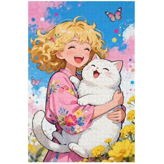 1000 Piece Jigsaw Puzzle for Adults - Cute Anime Lady Hugging Chubby White Cat | Colorful Floral & Pastel Sky Art Puzzle for Relaxation & Kawaii Fans (Finished Size: 21.25" x 20")